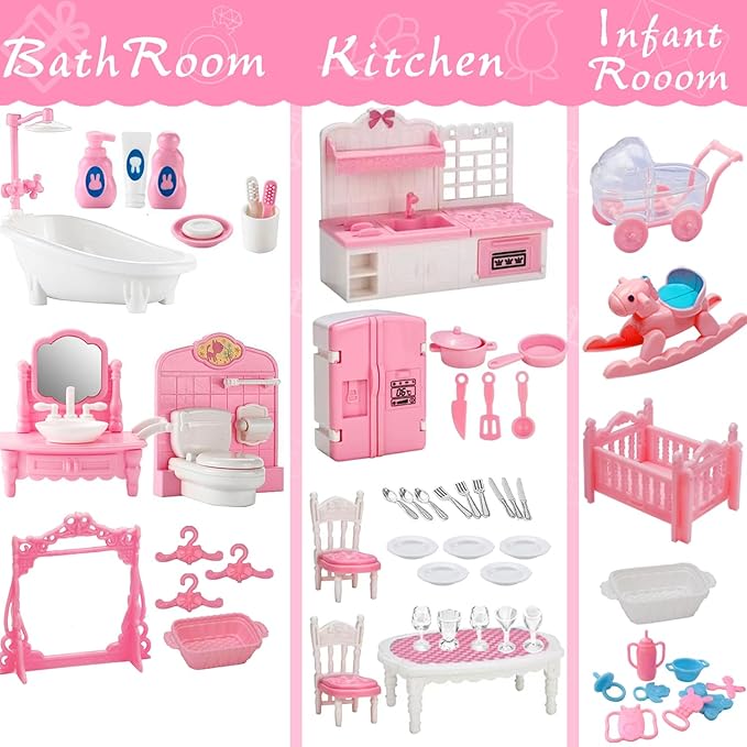 75 Pcs Dollhouse Furniture Set Accessories,Small Dollhouse Miniature Pretend Play Family Toys Gift,Toddler Boy Girl Kid 3Y+ Mini Bedroom/Livingroom/Bathroom/Kitchen/Infant Room Kit