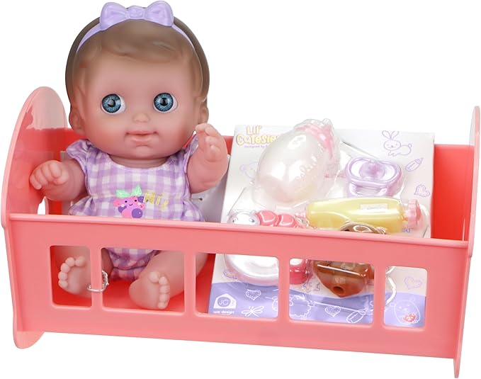 Lil Cutesies 9" All Vinyl Baby Doll Bed Time Gift Set | Posable and Washable | Removable Outfit | Rocking Crib and Bed Time Accessories | JC Toys | Ages 2+