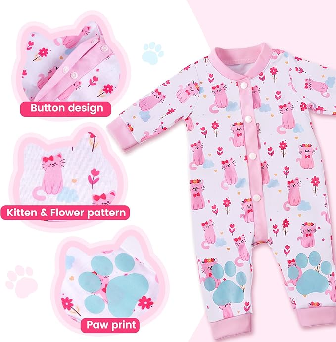 BABESIDE 2 Pcs Reborn Babys Doll Clothes for 17-22 Inch Baby Dolls, Pink Cat Pattern Reborn Baby Dolls Accessories Set with Hat, for Reborn Doll Girls Boys (Dolls not Included)