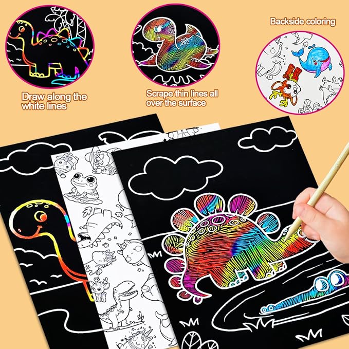 JUNQIU Scratch Art for Kids, Rainbow Scratch Paper Art Set - Dinosaurs, Arts and Crafts for Girls Boys Ages 4-8, Activity & Christmas Crafts, Stocking Stuffers for Kids