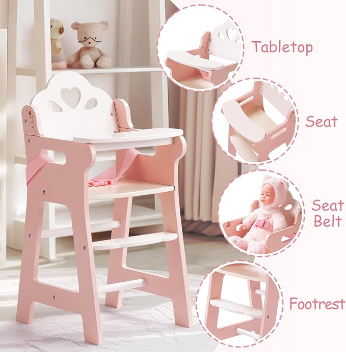 ROBUD Baby Doll High Chair, Pretend Play High Chair with Seat Belt, Pink Wooden Baby Doll Accessories with Movable Tabletop, Fits 18-20 Inch Dolls