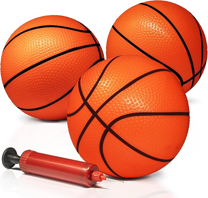 Novelty Place Mini Basketballs with Pump (Pack of 3) - 5 Inch Inflatable PVC Basketball for Boys & Girls Indoor Outdoor Play, Rubber Balls for Mini Hoops, Pool Party, Arcade Games, or Sports Training