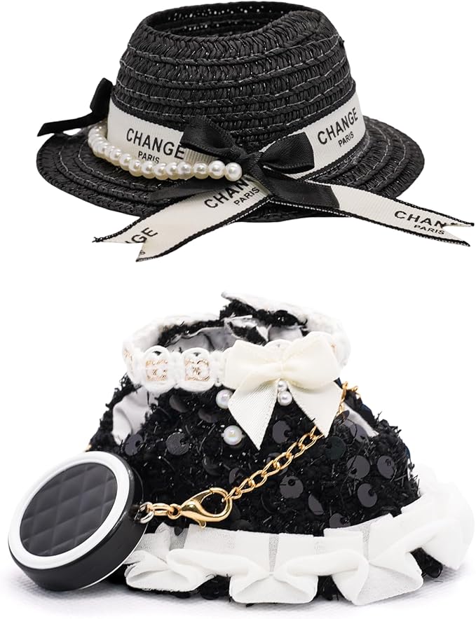 Clothes for 17cm Dolls, Luxury Chic Pearl, Sequin and Bow Decorations Style 3 Piece Set Including Princess Dress, Hat and Bag High-End Outfit - Premium Handmade Accessories for Play & Display - Black