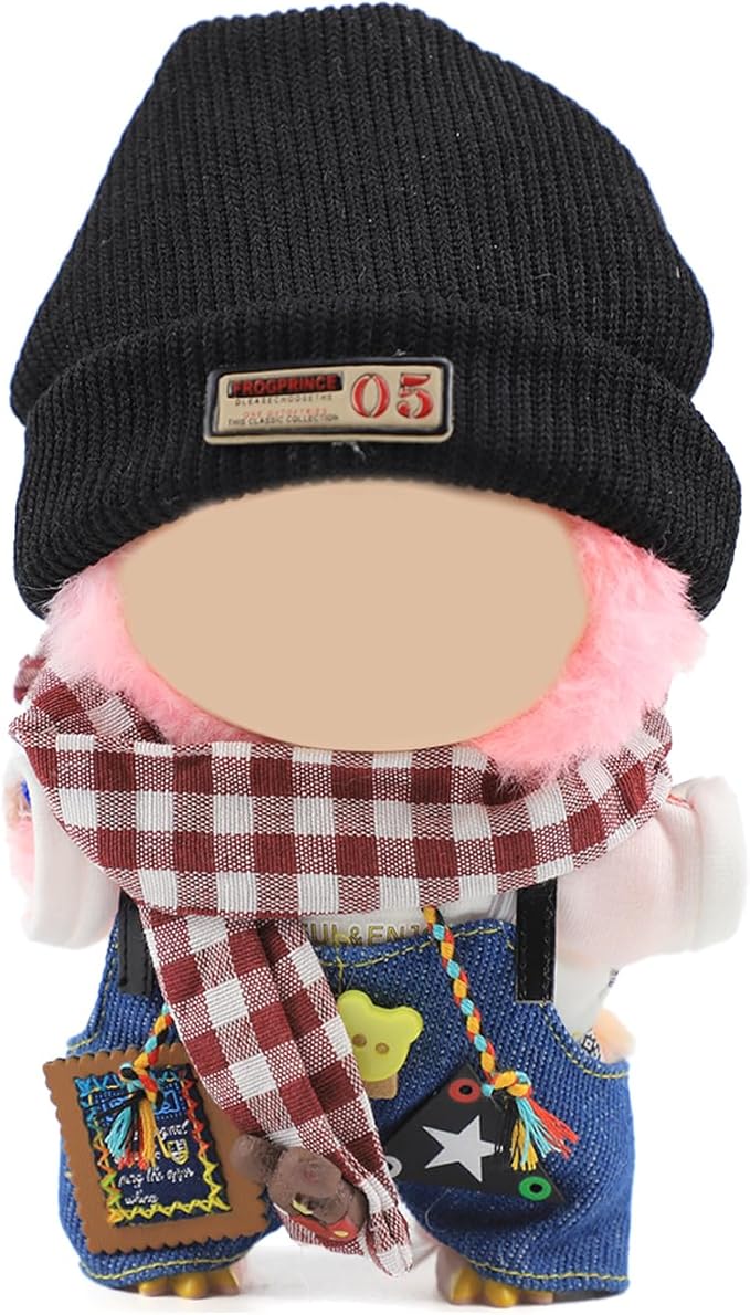 17cm Doll Clothes Set for Labubu– Cozy Outfit with Knit Hat, Denim Overalls, White Hoodie & Scarf by Clothes Designer | Fits 17cm Sitting or Standing Dolls (No Doll)