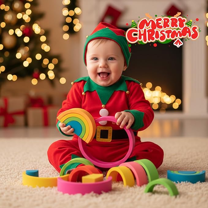 Silicone Stacking Toys for Babies, Rainbow Stacker, Montessori Nesting Blocks Soft Building Toys Large Sensory Stacking Toys for Creative Play & Learning, for Toddlers, 7CPS