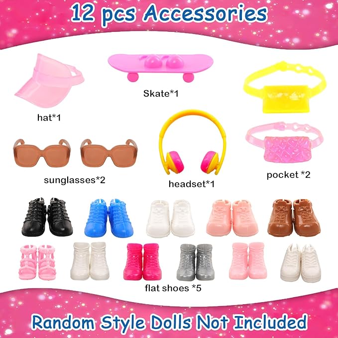 16 Pcs Doll Clothes and Accessories Including Multiple Styles Sports Suit Tops Pants Sun Hat Pocket Scooter Sunglasses Headset with 5 Shoes for 11.5 inch Girl Dolls