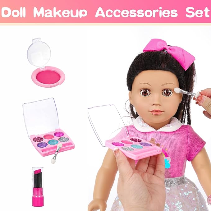 American 18 Inch Doll Clothes and Makeup Accessories Set - Includes Top and Skirt, Bag,Camera,Cell Phone,Eye Shadow,Blush,Bracelet,Lipstick,Bow Hair Clips (NO Doll)