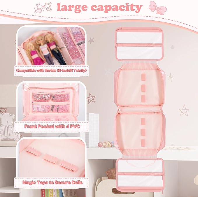 Carrying Case Compatible with Barbie Dolls 12-Inch, Storage Organizer with Handle Holds up to 6 Dolls,Multiple Pockets for Accessories,Toy Storage Box, Pink,Bag Only