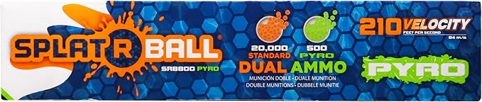 SplatRBall SRB800 Pyro Glow-in-The-Dark Water Gel Ball Blaster Kit - Full Auto, 210 FPS, 800-Round Magazine, 20,500 Total Rounds - Orange/White