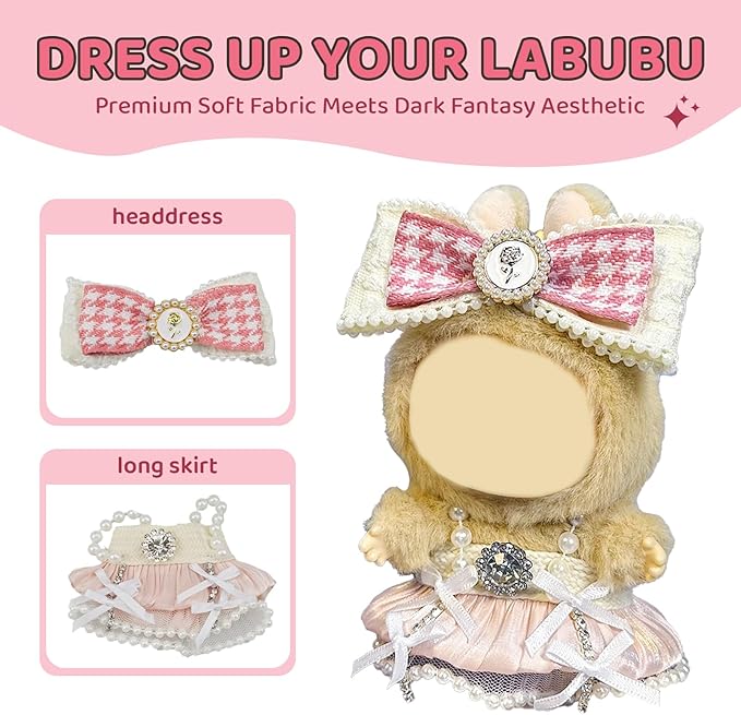 17cm Doll Clothes Set for Labubu – Pink Outfit with Spaghetti Strap Dress & Headband – Designer Clothes for 17cm Sitting or Standing Dolls (No Doll)