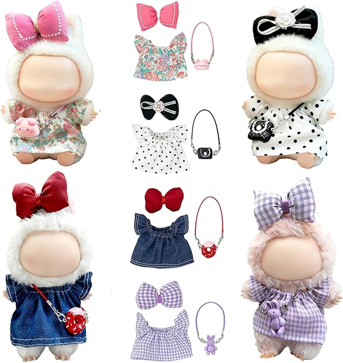 17 cm Doll Clothes 4 Sets - 6.7 Inches Cute Dolls Dress Outfits - Premium Fashion Accessories，Luxury Chic Doll Clothing & Style Bundle 3Pcs Set（Cute Doll Dress+Bow+Bag），Gifts for Lovers（No Dolls）