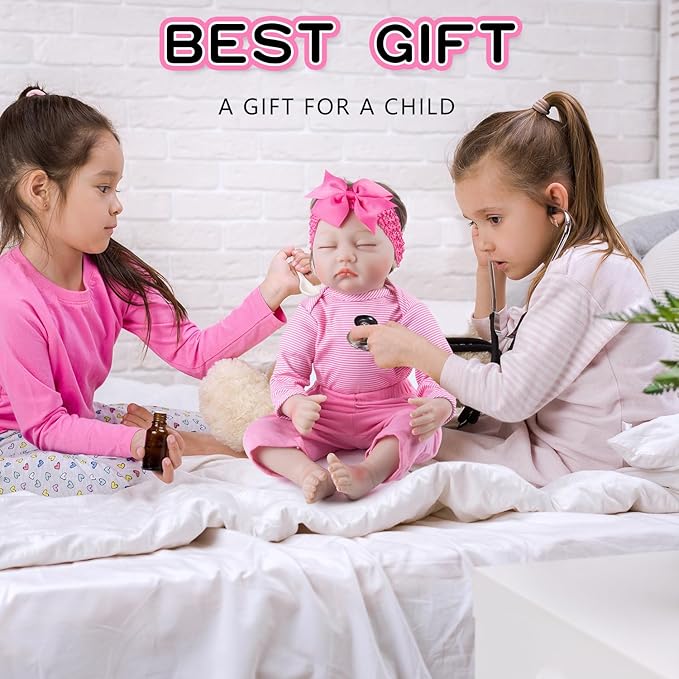 Pedolltree 8 Pcs Reborn Baby Dolls Clothes Girl Pink Striped Outfit Accessories with Pink Lace-Trimmed Bassinet for 17-20 Inch Reborn Dolls Newborn Baby Girl
