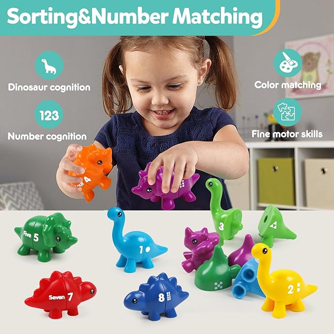 TSYAN Matching Number Counting Dinosaur Toys with Double-Sided 1 2 3 Number Preschool Learning Sensory Sorting Educational Fine Motor Toys Sets for Kids Toddler Aged 3+ Years Old…
