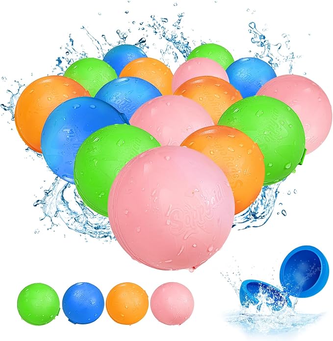 Reusable Water Balloons 16PCS - Quick Fill Water Balls Toys For Toddler Age 4-8 - Refillable Magnetic Self-Sealing Water balloons For Summer Party Pool Outdoor Beach Toys