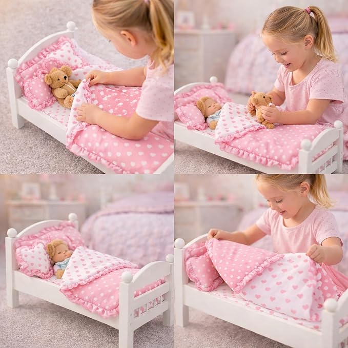 Emily Rose 18" Doll Pink Heart Valentines Bedding Set – 5 Pc Doll Bed Bedding & Bedroom Accessories with Comforter, Pillows & Matress Covering Flat – Fits American Girl, Bunk Beds, Cribs