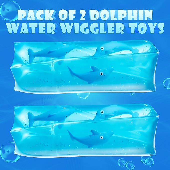 Bedwina Dolphin Water Wiggler Toy - (Pack of 2) 4.75-Inch Water Snake Sensory Fidget Toys & Slippery Water Tube for Birthday Party Favor or Game Prizes for Kids
