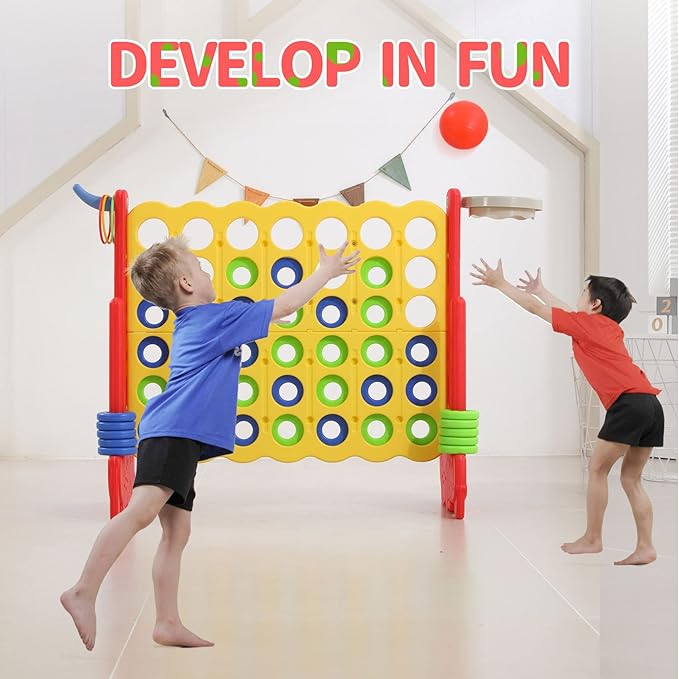UNICOO Giant 4-in-a-Row Game with Carry Bag, 3-in-1 Jumbo 4-to-Score Outdoor Yard Game with Basketball Hoop, Ring Toss, Quick-Release Slider, 42 Rings, Family Party Game for Kids & Adults