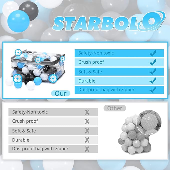 STARBOLO Ball Pit Balls for Toddlers Pack of 100 200 500 - BPA&Phthalate Free Non-Toxic Crush Proof Soft Plastic Balls for 1-5Years Old Toddlers Girl Kids Birthday Pool Playpen Tent Party