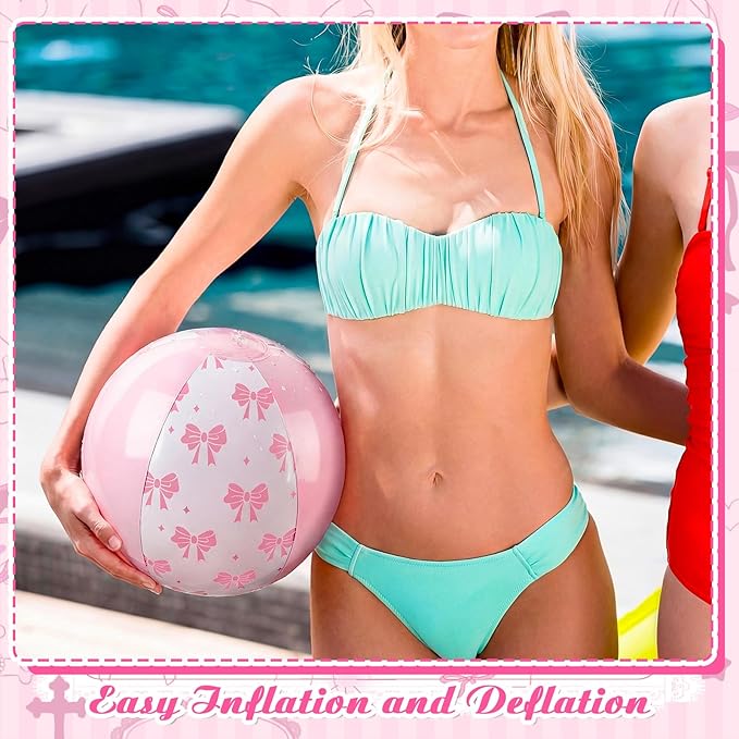 24 Pcs 9 Inch Pink Bow Inflatable Beach Balls Coquette Cute Pool Floats PVC Balls for Summer Hawaiian Tropical Theme Beach Pool Bachelorette Party Supplies (Pink White)