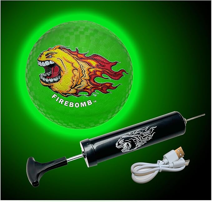 FIREBOMB LED Rubber Ball- Rechargeable Light-Up Ball for Dodgeball, Kickball, Handball, Four Squrae, Playground Nighttime Fun Glowing Sports Ball for All Ages