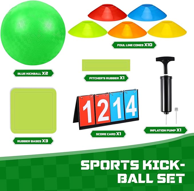 Huaerle 18 Pcs Sports Kickball Set Includes 2 Playground Ball with Air Pump 4 Rubber Throw Down Bases 10 Foul Line Cones and a Flip Scoreboard for Boys Girls Adults Playground School Backyard