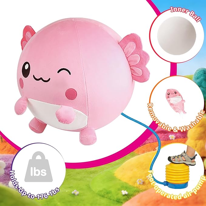 Hopper Ball for Kids 5-8, 29in/73cm Salamander Stuffed Animal, Inflatable Axolotl Gifts for Girls First Birthday Gift, Outdoor Indoor Soft Play Equipment, Pink(Pump Included)