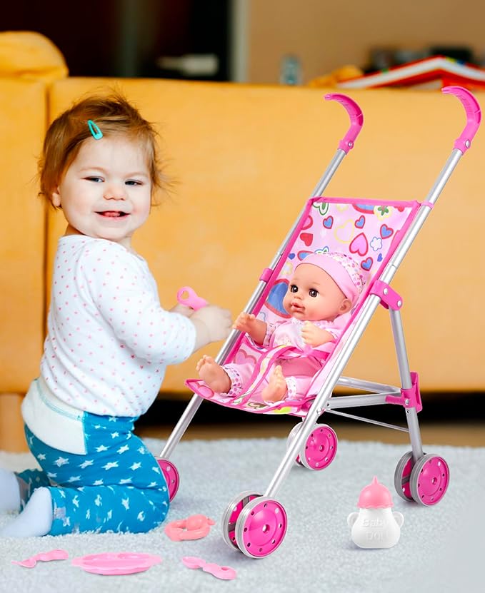 GAGAKU Baby Doll Stroller Playset with 12-inch Doll & Accessories, Foldable Lightweight Toy Stroller for Toddler Girls Kids Ages 1-6, 12" Baby Doll and Accessories Included