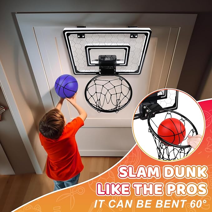 Basketball Hoop Indoor,Mini Hoop with LED Light/Scoreboard, Door Basketball Hoop Basketball Toys Gifts for 5 6 7 8 9 10 11 12 Year Old Boys Girls (Honeycomb Pattern)
