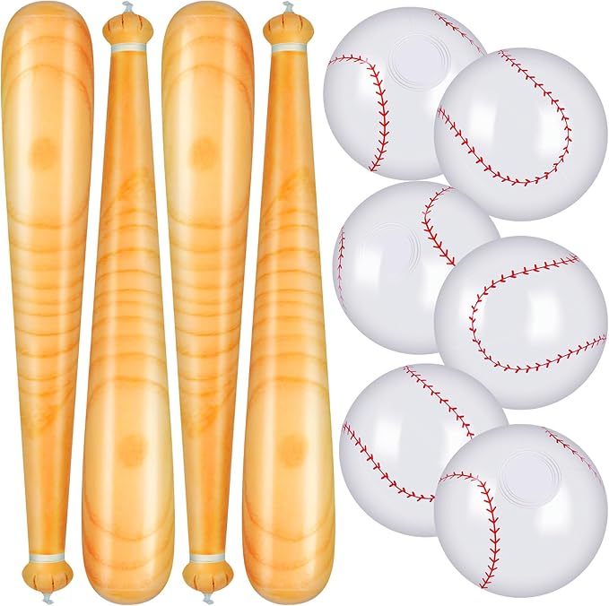 10 Pieces Inflatable Baseball Set, Including 4 Piece 30 Inch Baseball Bat and 6 Piece 5 Inch Beach Baseball, Sports Party Decorations for Kid Adult Pool & Beach Sports Games