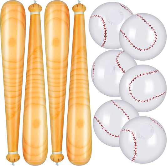10 Pieces Inflatable Baseball Set, Including 4 Piece 30 Inch Baseball Bat and 6 Piece 5 Inch Beach Baseball, Sports Party Decorations for Kid Adult Pool & Beach Sports Games