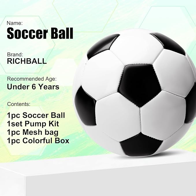 Richball Toddler Soccer Ball, Size 2 Soccer Ball Classic White Black, Outdoor Ativities Toy for Kids Age 1-3, Stocking Stuffers Birthday/Easter Gifts