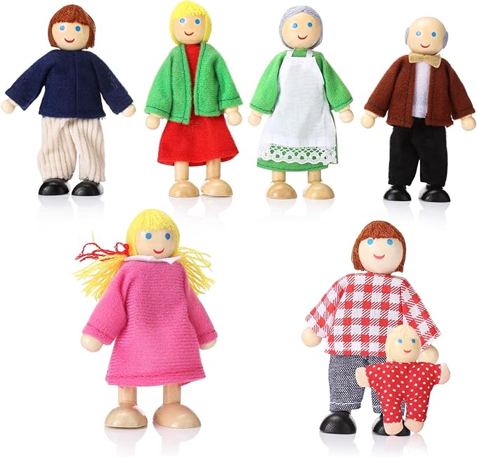 Jzszera Wooden Dollhouse Family Set of 7, Mini Figures for Pretend Play, Classic Doll House Accessories for Kids & Toddlers