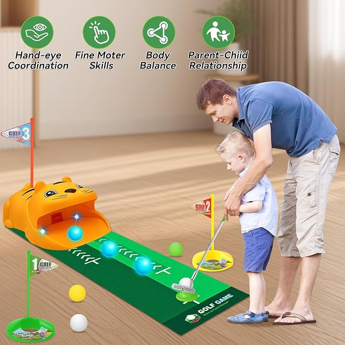 Upgraded Kids Toy Golf Set with Tiger Automatic Returner, Led Light Up Night Golf Balls, 3 Clubs, Putting Mat, 3-8 Toddler Mini Golf Games, Indoor Outdoor Sports Toys for Kids