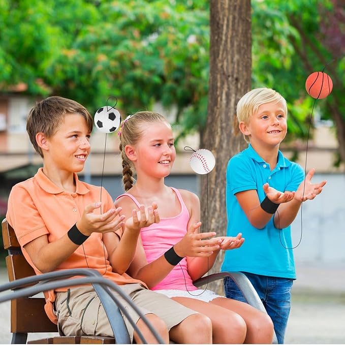 Skylety 6 Pcs Wrist Return Ball on a String 2.48 Inch Rebound Sport Balls with Elastic Strap Soccer Basketball Baseball Practice Party Favors Wrist Exercise and Fun Play for Kids Adults