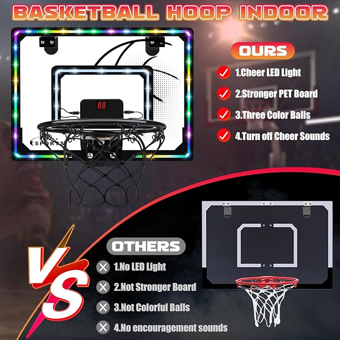 Basketball Hoop Indoor for Kids,LED Light Mini Basketball Hoop with 3 Balls & Electronic Scoreboard,Over The Door Basketball Hoop,Basketball Boy Toys Gift for Kids 3-12 Year Old Boys Girls Teen
