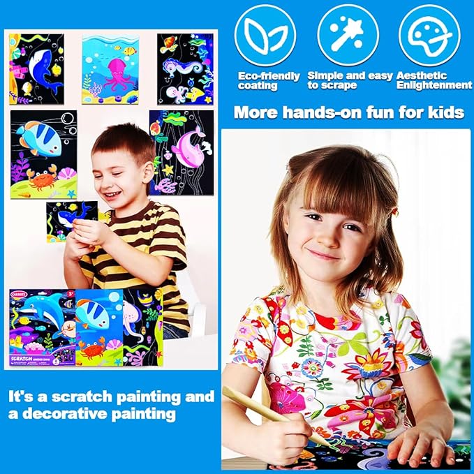 JUNQIU Scratch Art for Kids, Ocean Animals Black Rainbow Scratch Art Paper Set-Arts and Crafts Kits & Supplies, Party Games & Activity, Gifts for Toddlers Girls & Boys Birthday Christmas