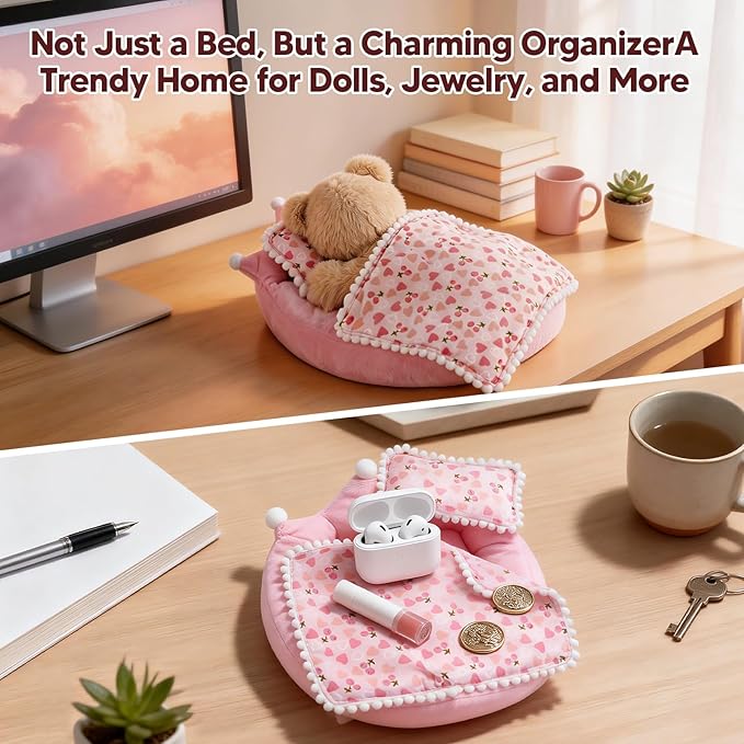 Labubu Bed, Pink Strawberry Miniature Pillow Blanket Set, Doll 10-17cm Furniture, Compatible Boo-Boo Accessory, Collectors Display Decor, Shelf Photography Props Hobby Gift