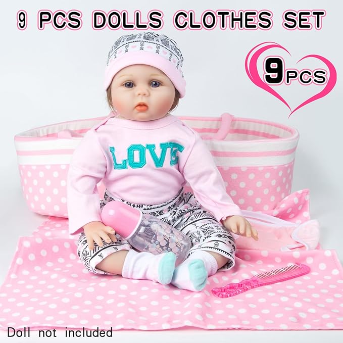 9 Pcs Reborn Baby Girl Dolls Clothes Accessories Outfit with Pink Dot Bassinet for 17-22 Inch Reborn Doll Newborn Baby Girl