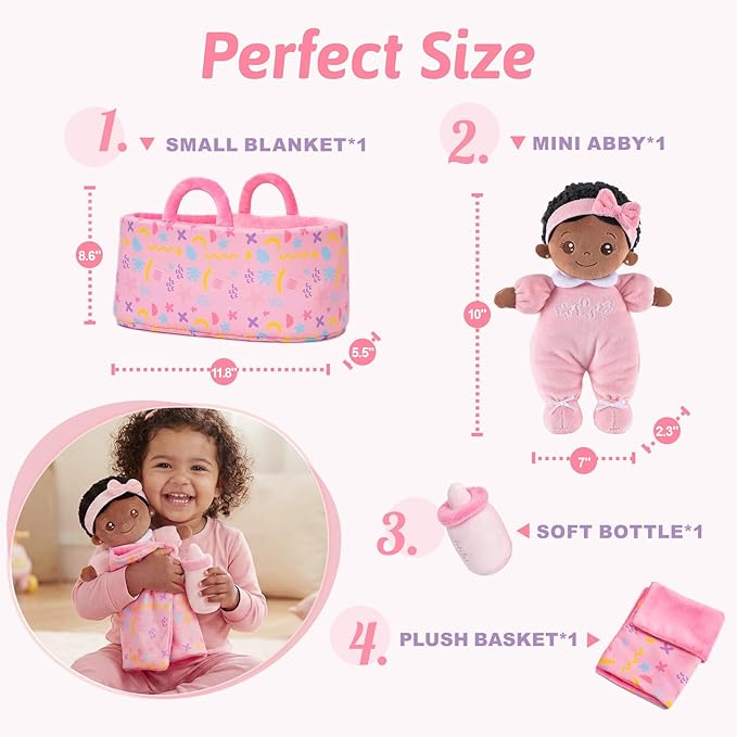 OUOZZZ 10" Black Baby Doll for 2 Year Old Girls Set with Soft Doll, Bassinet, Blanket and Bottle, Interactive Pretend Playset for Social Emotional Learning, Birthday Gift for 2 Year Olds Girls
