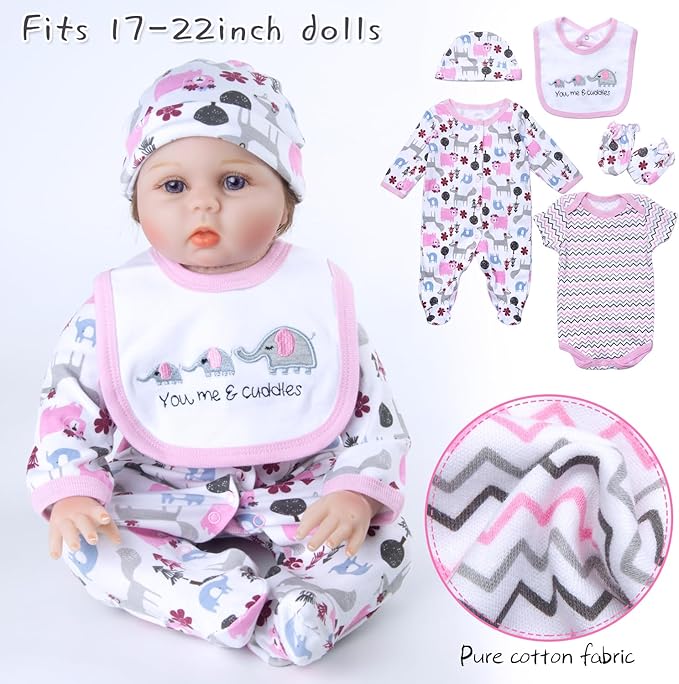 13PCS Reborn Baby Doll Clothes 17-22 Inch Pink Elephant Reborn Newborn Baby Doll Carrier Bassinet Accessories Girl Sets