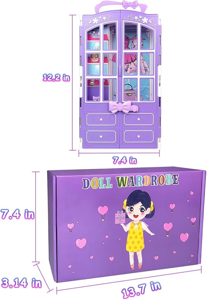 92Pcs Doll Clothes and Accessories with Closet for 11.5 Inch Doll Fashion Design Kit Girl Dress Up Including Fashion Dress Outfits Tops and Pants Shoes Hangers Bags Necklaces Girls Toy Gifts