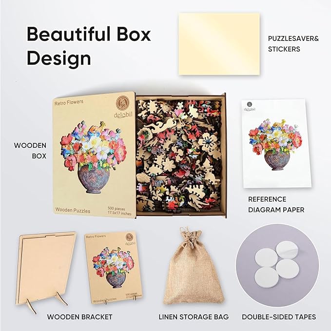 Delobil Flower Wooden Puzzles for Adults, 500 Pieces Vase Jigsaw Puzzles, Unique Shaped Wood Puzzle Birthday Gift for Mom Adults and Kids, Family Game 17.5'' x 17''