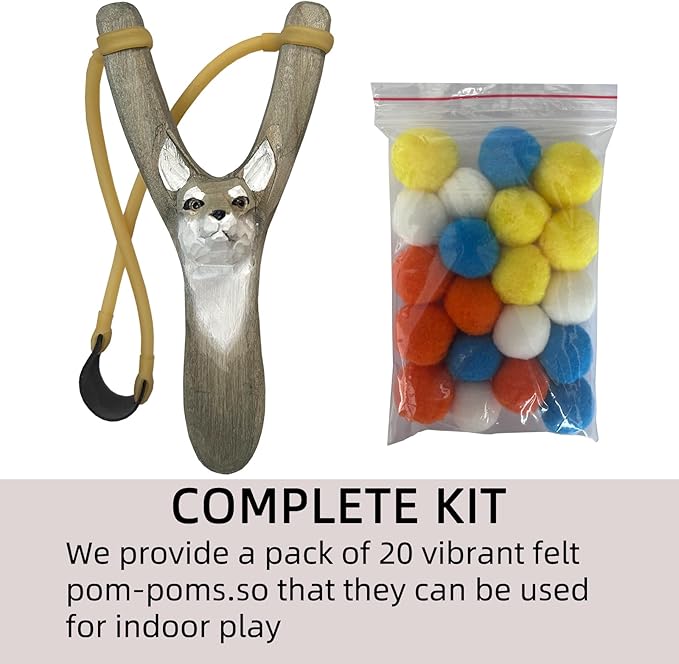 LINJAY Gray Wolf Wooden Slingshot Set with Clay Balls, 20 Felt Pom-Poms, Handcrafted Design, Indoor and Outdoor Target Practice, Complete Shooting Kit with Replacement Bands