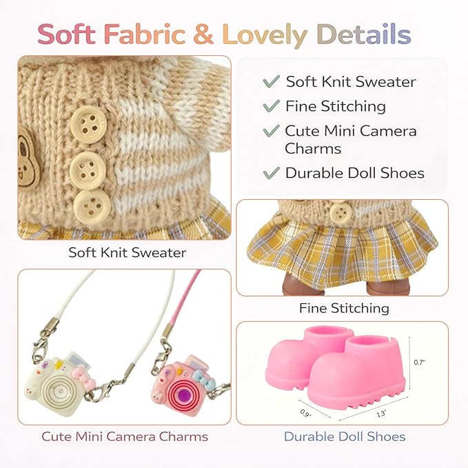 Ezcora 17cm Doll Clothes Outfit Set, 5 Cozy Knit Outfits with Hats, Skirts, Shorts and Doll Accessories, Perfect for Play and Display, Doll Accessories for Collectors (No Dolls)
