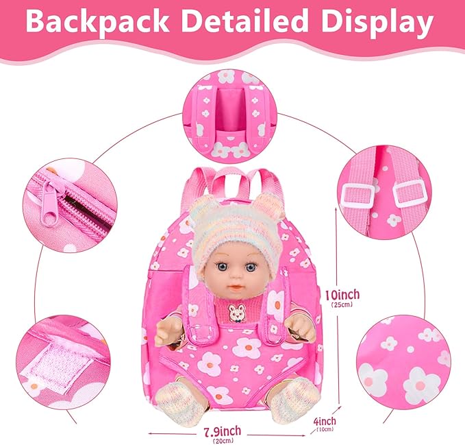 12'' Baby Doll with Backpack in Gift Box, Baby Doll Accessories Set Included 12 Inch Cute Realistic Baby Dolls, Clothes, Carrier, Washcloth, Bottles, Nipple, Socks, Hats for 3+ Girls
