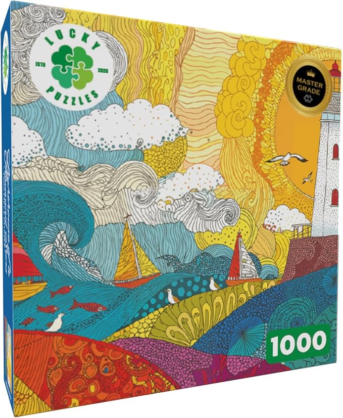 Lucky Puzzles - Lighthouse of a Thousand Suns - 1000 Piece Jigsaw Puzzle for Adults | Unique Nautical Zentangle Puzzle | Premium Puzzle Gift for Ocean and Art Lovers