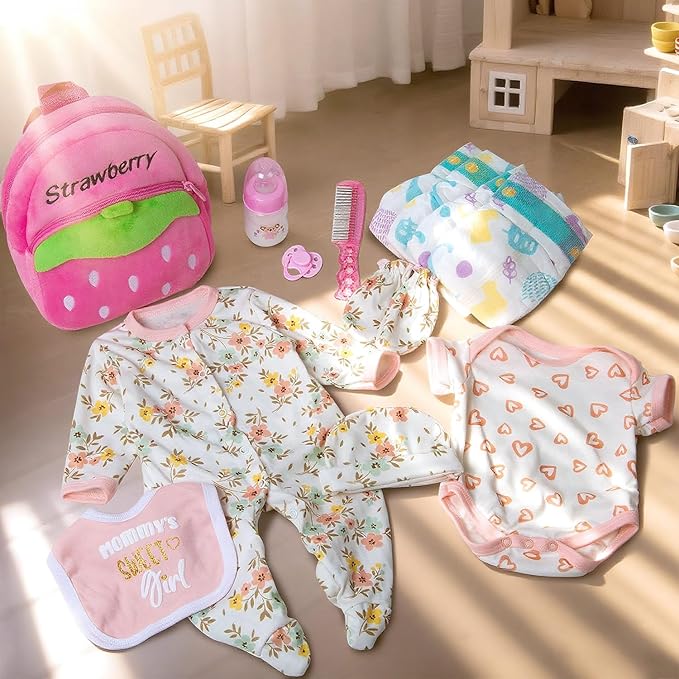 17-22 Inch Reborn Baby Doll Clothes with Backpack Accessories Set 13 Pcs Set, Realistic Baby Doll Outfit Floral Patterns Pink Diapers Bag for Kids