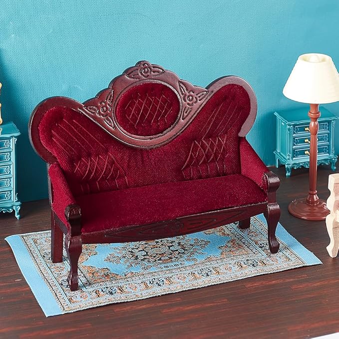 AHANDMAKER Dollhouse Furniture Miniature Accessories, 1/12 Scale Mini House Vintage Red Wooden Carved Sofa Bench Armchairs for Dollhouse Living Room Scene Simulation Craft Decoration Party