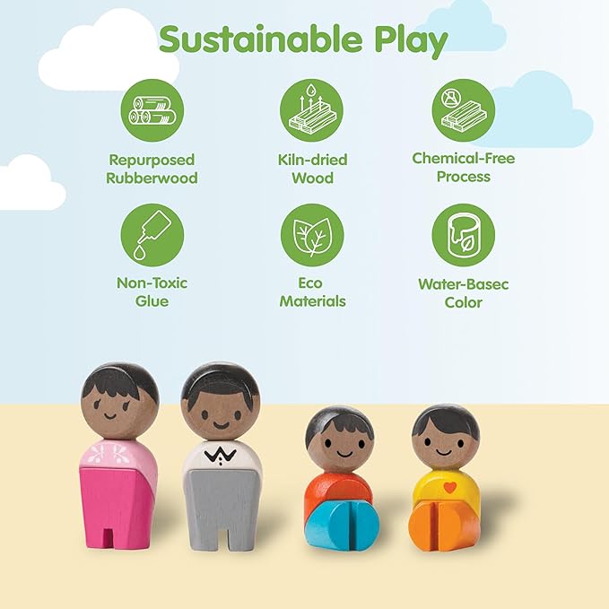 PlanToys® Family Wooden Dollhouse Figurine Set | 4 Poseable 1:12 Scale Mini Dolls (Parents & Kids) | Dollhouse Accessories for Pretend Play | Eco-Friendly Montessori Toy for Kids Ages 3+
