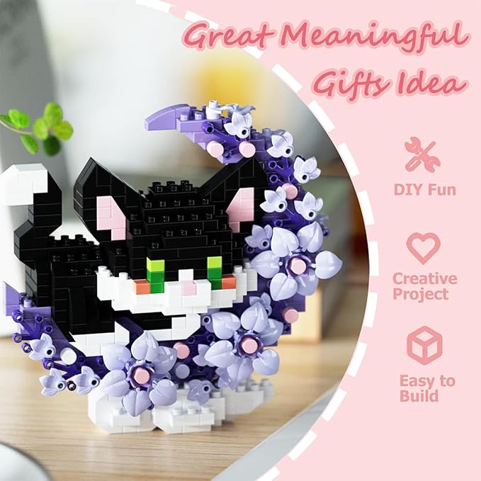 2 in 1 Mini Building Block Set Animals with Flower and Moon, Micro Brick Toy Cats, Creative Art Craft and Home Decor, Birthday Gifts Idea for Adults